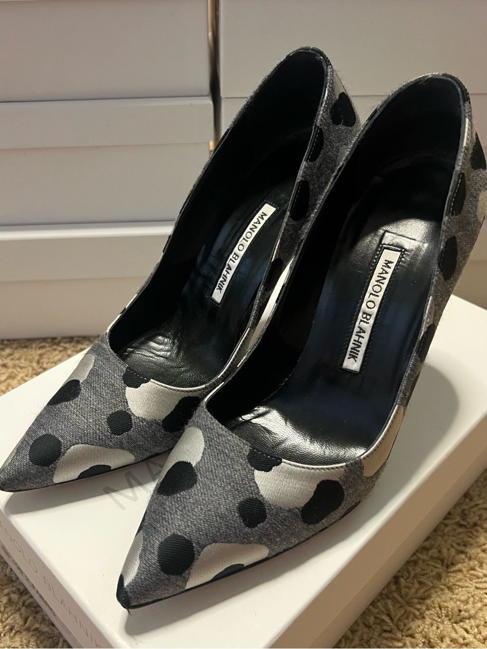 Manolo Blahnik Grey and Black Polka-Dot Art with Pointed Toe Pumps